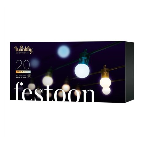 Twinkly | Festoon Smart LED Lights 40 AWW (Gold+Silver) G45 bulbs, 20m | AWW - Cool to Warm white